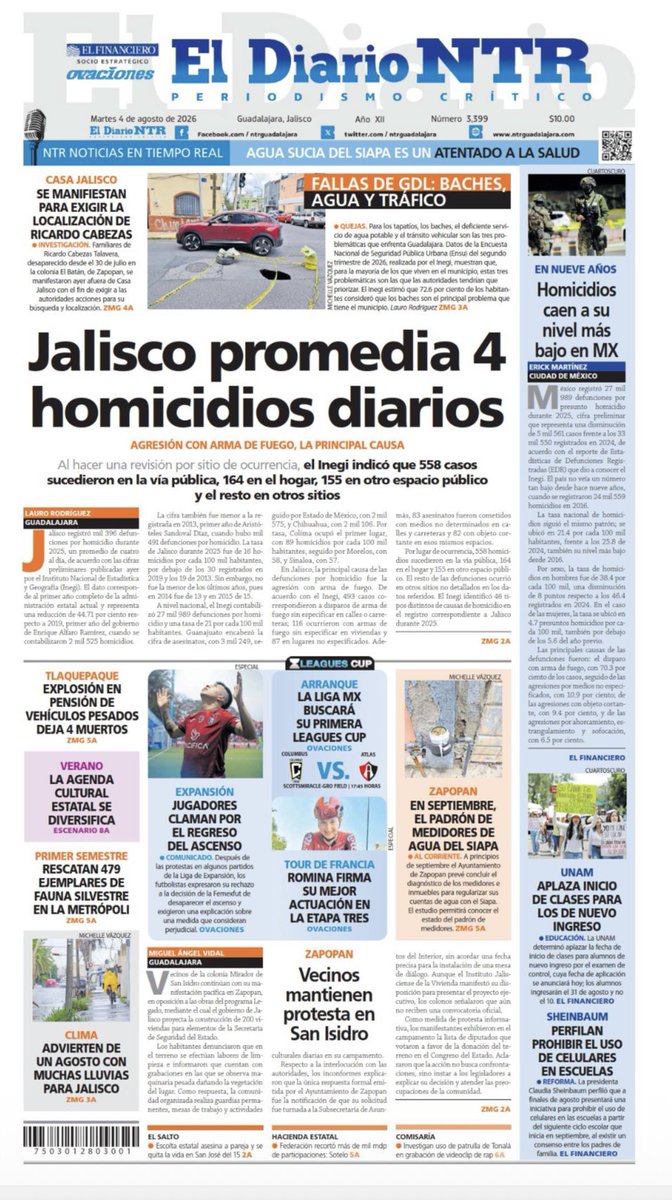 sonia_ssi's tweet photo. Buenos días. En nuestra portada de hoy, en 2025 fueron asesinadas en promedio cuatro personas cada día, según datos de @INEGI_INFORMA @laurorodriguez_ @NTRGuadalajara https://t.co/0BzzEmzWkO