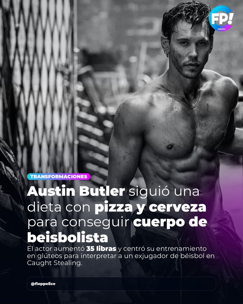 _floppolice's tweet photo. 🍕🍺 Austin Butler tuvo que transformar por completo su físico para interpretar a un exbeisbolista en Caught Stealing.

¿Te parece extremo el compromiso de los actores con sus papeles? 👀👇

#AustinButler #CaughtStealing #Fitness #MovieTransformation #FlopPolice https://t.co/T3uon7tao3