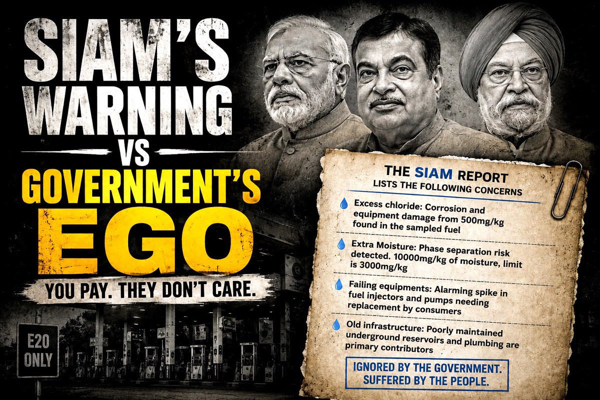 vigilante_monk's tweet photo. This is where BJP’s arrogance really starts showing.

SIAM had already flagged the problem … most existing vehicles were designed for E10, while moving to E20 meant engineering changes across fuel, electrical, exhaust and engine systems. SIAM also stressed that E10 needed to remain available.

But apparently, listening to the people or even the industry wasn’t part of the plan of @BJP4India 

“We decided it. You adjust.” That seems to be the new policy framework of this government.

We recently saw this arrogance. The @dpradhanbjp episode should have taught them that when ego takes over governance, eventually the government pays the political price and the public pays the actual bill.

And honestly, one question keeps coming back … 

Is this government working for ordinary citizens or for a handful of businessmen and political friends?

@narendramodi @AmitShah @HardeepSPuri @nitin_gadkari @tehseenp @nachiket1982 @volklub @FactswithDinesh 

#SIAM #E20 #Ethanol #E20Fuel #FuelPolicy #FuelCompatibility #AutomobileIndustry #VehicleOwners #ConsumerRights #FuelChoice #EthanolBlending #GovernmentAccountability #SIAMReport #PublicInterest #CitizensFirst #PolicyMatters