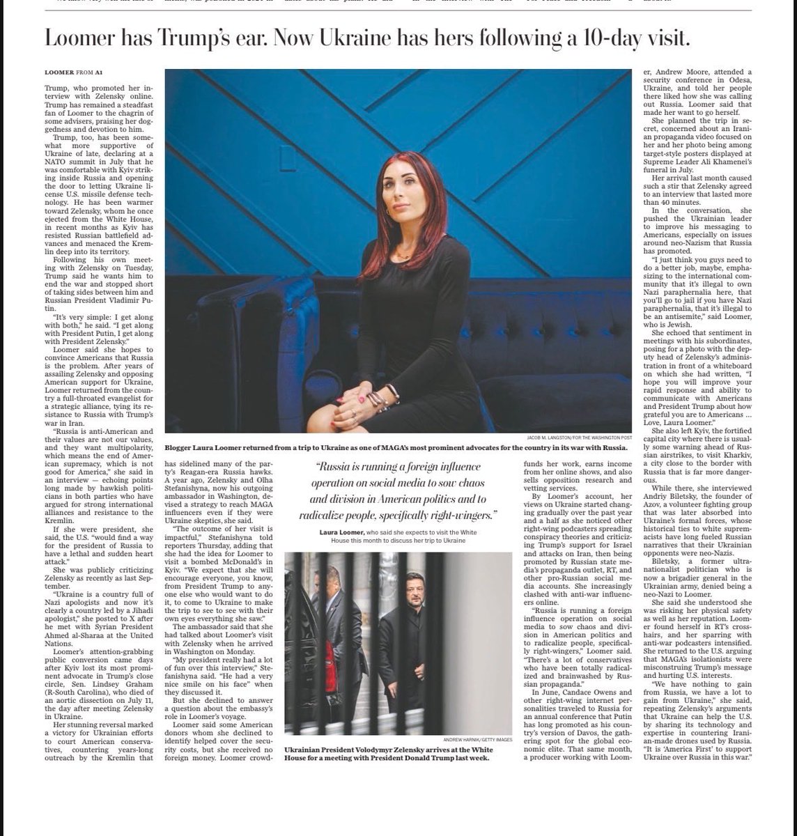 LauraLoomer's tweet photo. In @wapo today. 

I am glad my reporting in Ukraine is opening people’s eyes on the right about the epidemic of Russian propaganda in our political and media landscape.  

As I told the Washington Post, Russia is running a foreign influence operation on social media to sow chaos and division in American politics and to radicalize people, specifically right-wingers.

We need to be honest about how this propaganda is shaping the way Americans feel about US foreign policy and how that social engineering and information warfare is deliberately being carried out by our adversaries to make us weaker.