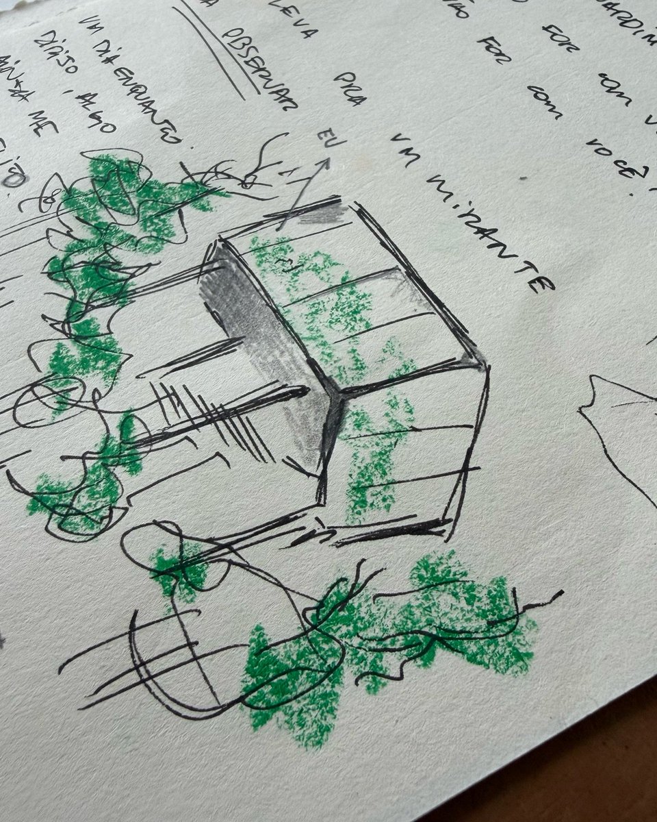 teamjao's tweet photo. SPOILER? No meio do seu dump, Jão compartilhou um desenho da Casa de Vidro de Lina Bo Bardi com a letra de O Arquiteto em volta 👀 https://t.co/X6SGY0RYMk