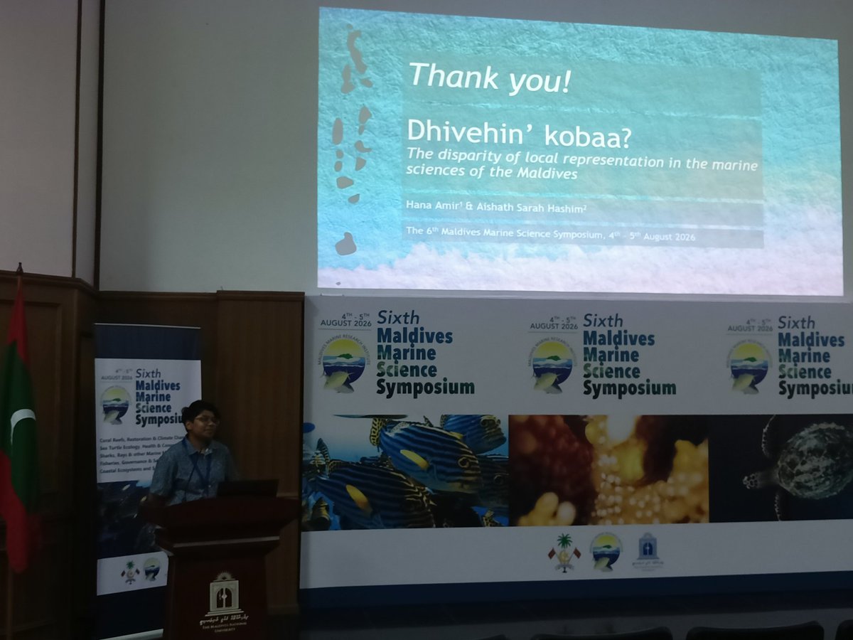 HumayAG's tweet photo. "ދިވެހިން ކޮބާ؟"

An important question asked by Hana Amir &amp; Sarah Hashim in their research paper @MMRI_Maldives Marine Science Symposium today. The fact this q had to be asked at all reflects policy failures in marine science education &amp; research opps for Dhivehin over decades! https://t.co/XFKM6eMIUF