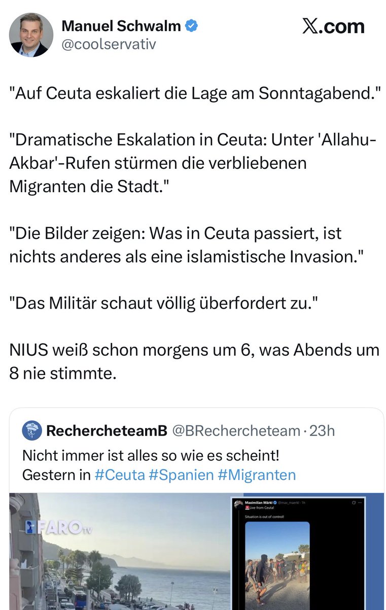 Pauline__Voss's tweet photo. Die neben- und hauptberuflichen Kanzler-Claqueure von ZEIT, FUNKE und CDU finden es anscheinend richtig spitze, wenn „Allahu Akbar“-skandierende Mobs durch europäische Städte ziehen. Das einzige, was sie stört, sind Journalisten, die darüber berichten. Sie werden das Europa bekommen, das sie haben wollen. Gilt nur leider auch für ihre Töchter, die sich dann in der Schule als Schlampe bezeichnen lassen müssen, wenn sie sich nicht verhüllen. Und für ihre Söhne, die im Ramadan besser fasten, wenn sie nicht gemobbt werden wollen. Unsere mutige Reporterin @HelenalSophia ist eine von zwei deutschen Journalisten, die die islamistische Machtdemonstration auf den Straßen von Ceuta live gecovert haben, und sie wird sich wie wir alle bei NIUS sicher nicht von frustrierten Vertretern des Establishments davon abbringen lassen, die einer Zeit nachweinen, in der die alten Medien der Öffentlichkeit verschweigen konnten, was nicht in ihr Weltbild passte.