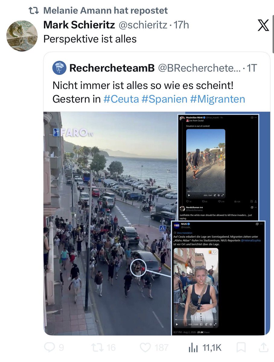 Pauline__Voss's tweet photo. Die neben- und hauptberuflichen Kanzler-Claqueure von ZEIT, FUNKE und CDU finden es anscheinend richtig spitze, wenn „Allahu Akbar“-skandierende Mobs durch europäische Städte ziehen. Das einzige, was sie stört, sind Journalisten, die darüber berichten. Sie werden das Europa bekommen, das sie haben wollen. Gilt nur leider auch für ihre Töchter, die sich dann in der Schule als Schlampe bezeichnen lassen müssen, wenn sie sich nicht verhüllen. Und für ihre Söhne, die im Ramadan besser fasten, wenn sie nicht gemobbt werden wollen. Unsere mutige Reporterin @HelenalSophia ist eine von zwei deutschen Journalisten, die die islamistische Machtdemonstration auf den Straßen von Ceuta live gecovert haben, und sie wird sich wie wir alle bei NIUS sicher nicht von frustrierten Vertretern des Establishments davon abbringen lassen, die einer Zeit nachweinen, in der die alten Medien der Öffentlichkeit verschweigen konnten, was nicht in ihr Weltbild passte.