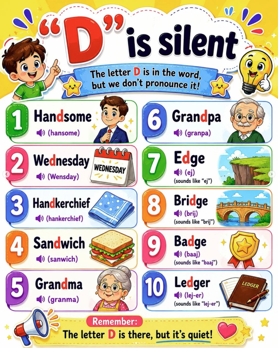 DailyEngByte's tweet photo. 🔤✨ Silent Letters Made Easy! ✨🔤

Learn amazing English words where the letters L, D, T, B are silent 🤯📚
These fun vocabulary posters help improve pronunciation, spelling, and spoken English in an easy &amp; creative way! 💡🎨 https://t.co/jdc6aD7mTP