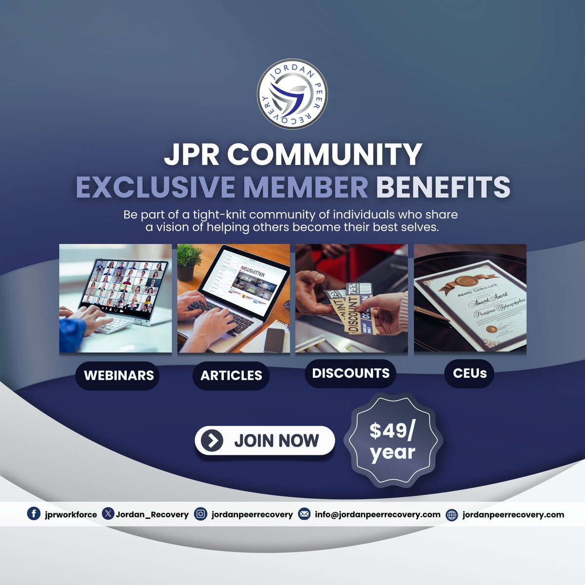 jordanpeerorg's tweet photo. Join the JPR Community for just $49/year and enjoy:
🎙️ Access to Webinars
📚 Access to Articles
💰 Exclusive Discounts
🎓 Continuing Education Units (CEUs)

Subscribe and become part of the JPR Community!
🔗https://t.co/kyhOQCc6vC

#JordanPeerRecovery #JPRCommunity #JPRMembership https://t.co/OywOeYzeZG