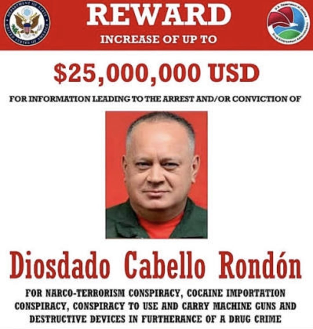 maibortpetit's tweet photo. Diosdado Cabello sigue siendo el venezolano con la mayor recompensa ofrecida por delitos de narcotráfico. La cifra lo convierte en uno de los fugitivos más buscados del continente y, posiblemente, en uno de los casos con la recompensa más alta a nivel mundial por este tipo de acusaciones.
