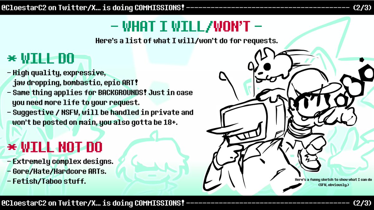 CloestarC2's tweet photo. --------------- COMMISSION SHEET (V4) ---------------
If you share it, it would mean a LOOOT to me! It's emergency commissions. 
(Contains PT-BR alt below!)

3 SLOTS! https://t.co/7hSZJrT4vY