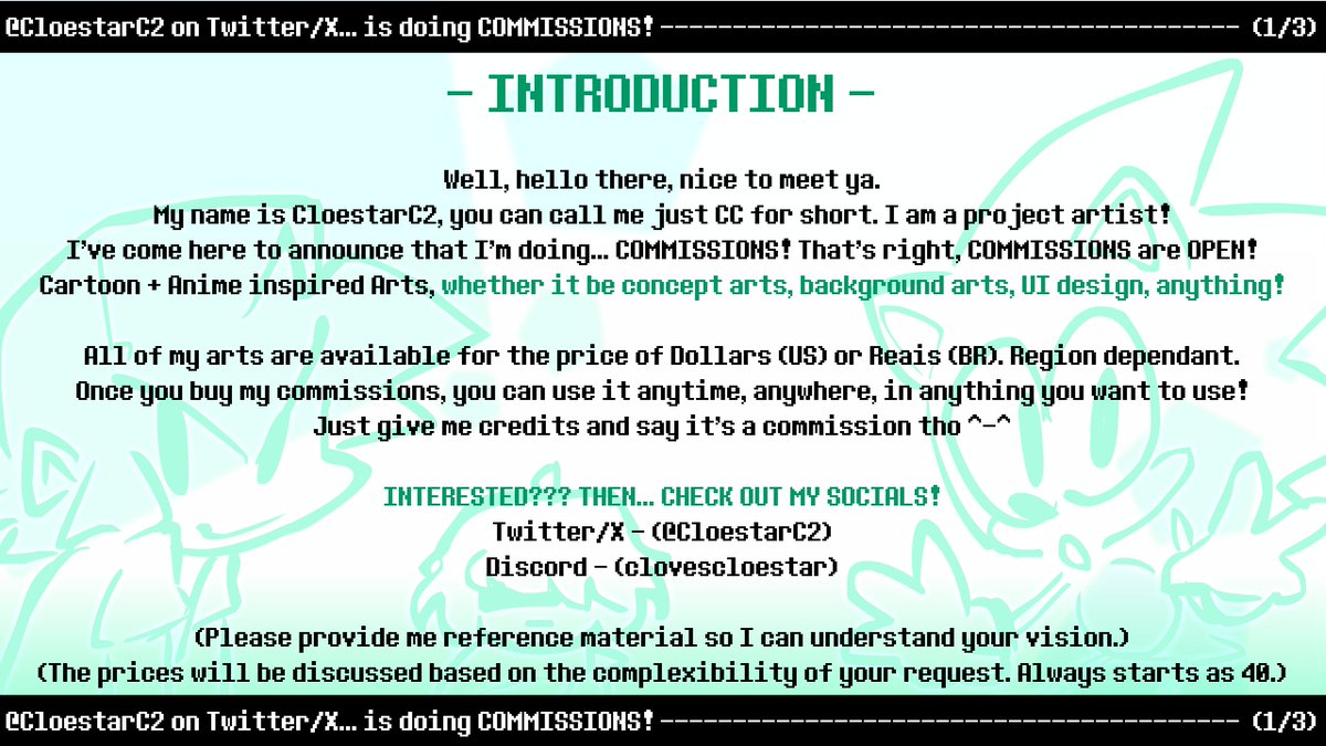 CloestarC2's tweet photo. --------------- COMMISSION SHEET (V4) ---------------
If you share it, it would mean a LOOOT to me! It's emergency commissions. 
(Contains PT-BR alt below!)

3 SLOTS! https://t.co/7hSZJrT4vY