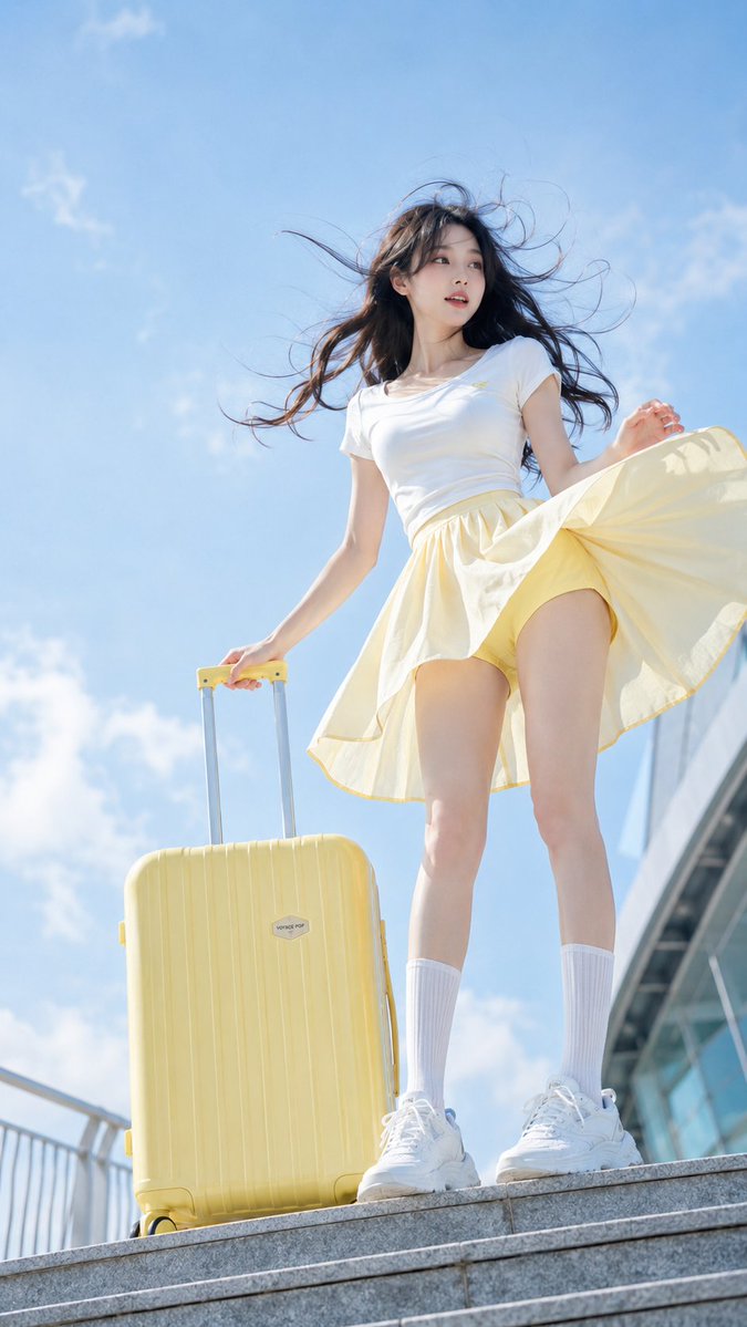 MrLarus's tweet photo. 📸 A little wind makes summer travel portraits come alive!

Low angles, suitcases, flying skirts, and four fresh color palettes capture that perfect moment before departure ✨

1. Coral sunset ferry
2. Cream navy airport
3. Lemon sky terminal
4. Mint seaside station

Great for travel portraits, luggage campaigns, summer styling, and social media content.

Made with ChatGPT-Image2  
Prompt below 👇