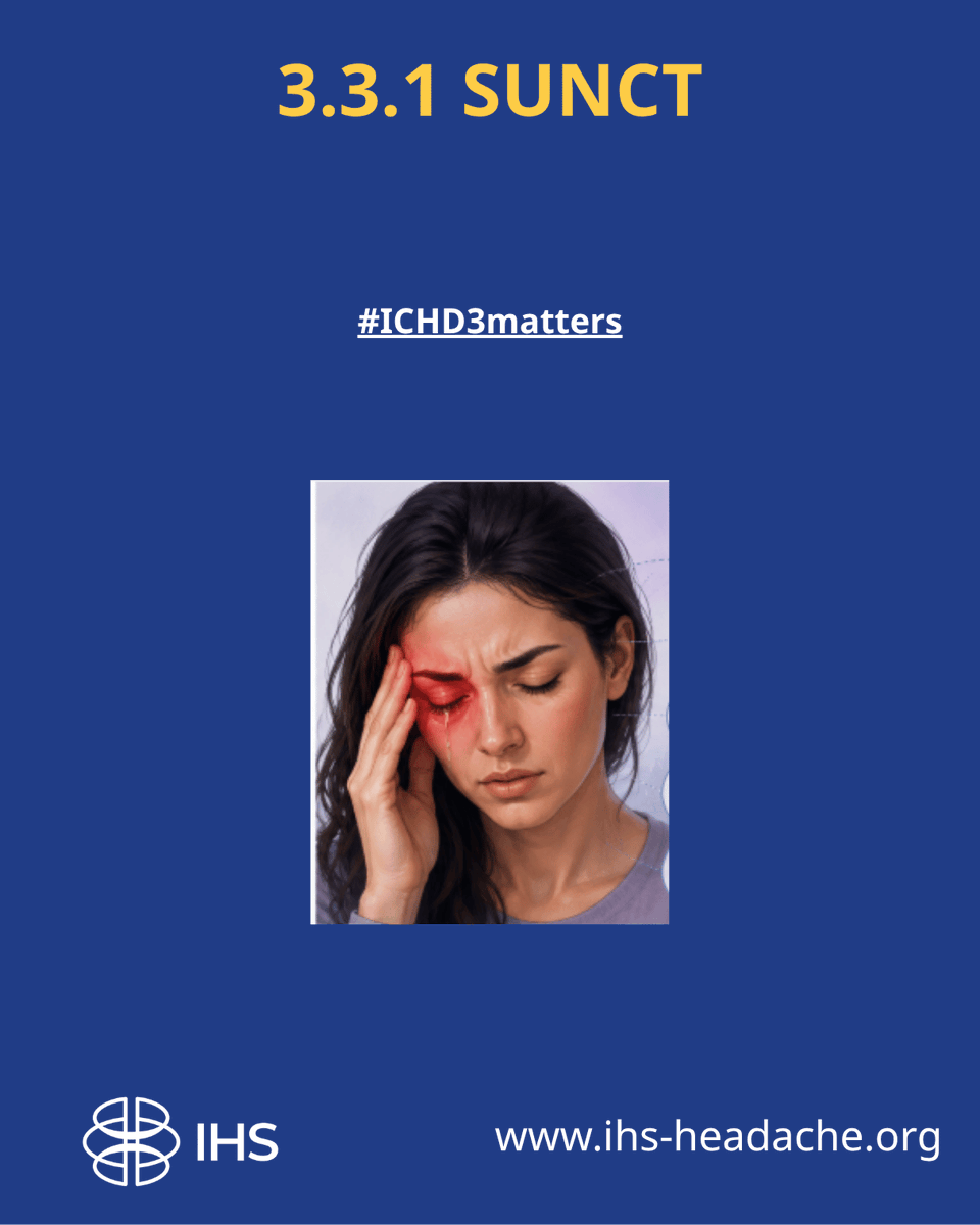 ihs_official's tweet photo. Can a headache last only seconds… yet be excruciating?
Some attacks strike suddenly, last just 1–600 seconds, recur many times a day, and are accompanied by striking autonomic symptoms such as:
💧 Tearing
🔴 Red eye
👃 Nasal congestion or runny nose
👁️ Drooping eyelid or a small pupil

These are the hallmark features of Short-lasting Unilateral Neuralgiform Headache Attacks (SUNHA)—a rare but highly disabling group of trigeminal autonomic cephalalgias that is often misdiagnosed.

According to ICHD-3 Classification 3.3.1 Short-lasting unilateral neuralgiform headache attacks with conjunctival injection and tearing (SUNCT) are attacks of moderate or severe, strictly unilateral head pain lasting seconds to minutes, occurring at least once a day and usually associated with prominent lacrimation and redness of the ipsilateral eye.https://t.co/8UrPVBFxob

Have you encountered a patient with attacks like these?

#ICHD3Matters #SUNHA #SUNCT #SUNA #TrigeminalAutonomicCephalalgias #Neurology #HeadacheMedicine #InternationalHeadacheSociety #IHS