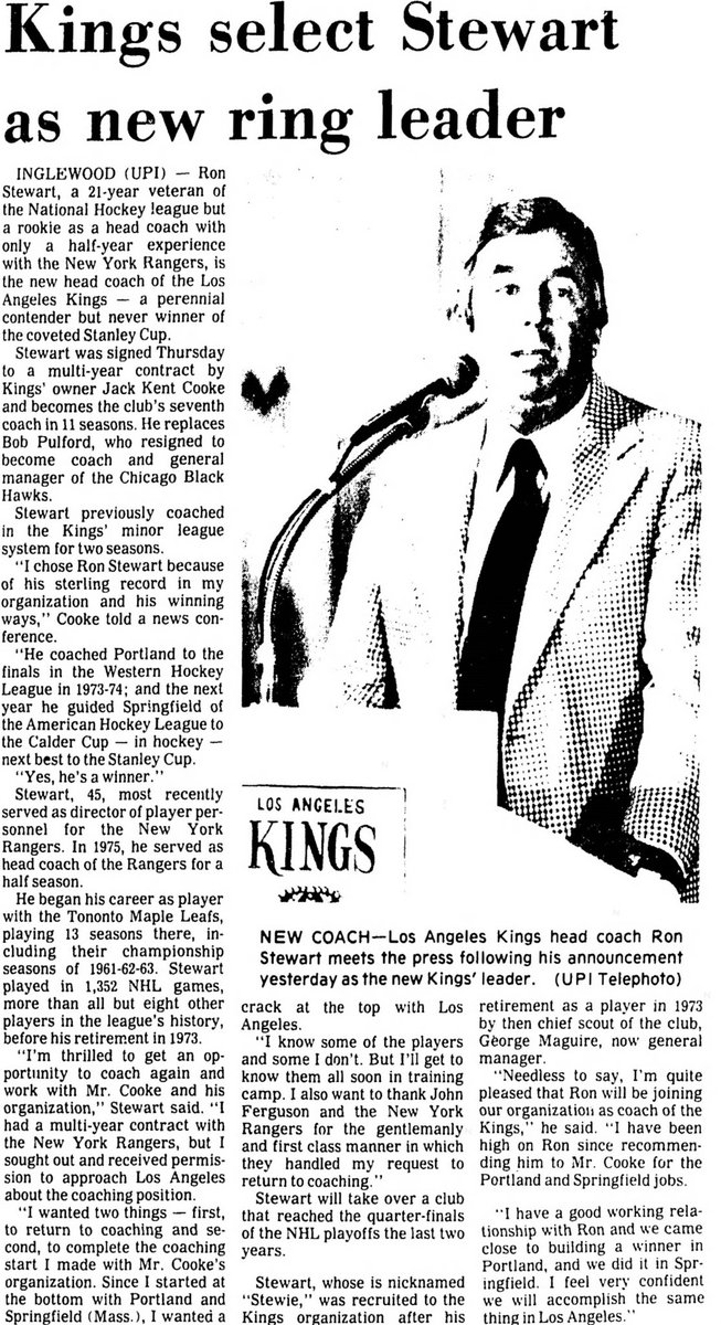 Kingstorian's tweet photo. On August 4, 1977, Ron Stewart was named head coach of the @LAKings. In his only season behind the bench, Stewart coached the #LAKings to a third place finish in the Norris Division with a record of 31-34-15.
#GoKingsGo https://t.co/8W6yCFDdVa