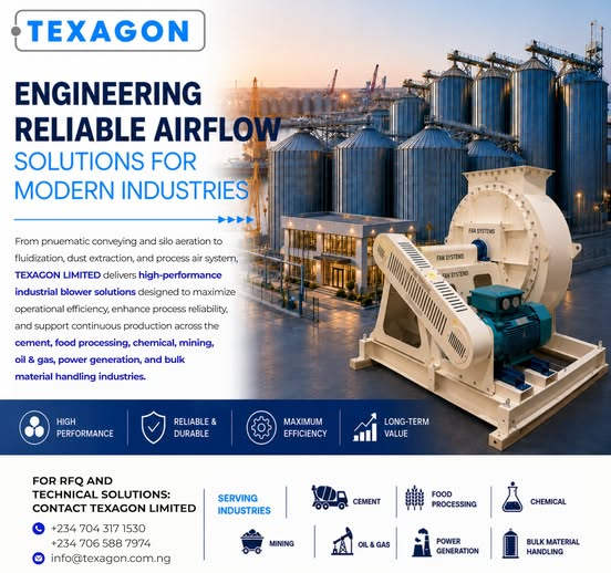 TexagonLimited's tweet photo. Engineering Reliable Airflow Solutions.

TEXAGON LIMITED delivers industrial blower solutions that improve efficiency and reliability for process air, dust extraction, and pneumatic conveying.

For RFQ:

+234 706 588 7974 enquiries@texagon.com.ng
#IndustrialBlower #DustExtraction https://t.co/0T5cEc2vbs