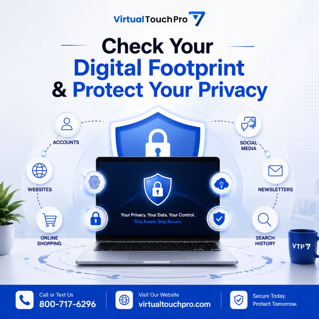VirtualTouchPro's tweet photo. 🔒 Check Your Digital Footprint &amp; Protect Your Privacy

Your email may be linked to old accounts, newsletters, and websites you've forgotten about.

Review your digital footprint:
👉 https://t.co/hZ9u6soBgh

Need help improving your online security?

🌐 https://t.co/LdWeS6mdhY https://t.co/ixgpKVE8W2