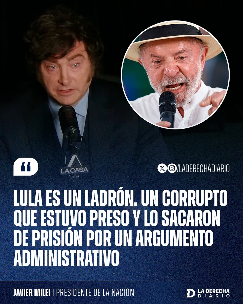 laderechadiario's tweet photo. 🚨🇦🇷🇧🇷 | MILEI DESTRUYÓ A LULA: El presidente @JMilei ratificó sus críticas contra el dictador comunista brasileño y recordó que estuvo preso por corrupción, que nunca fue declarado inocente y que recuperó la libertad únicamente por una cuestión administrativa.

"Lula es un ladrón, un corrupto que estuvo preso y lo sacaron de prisión por un argumento administrativo".