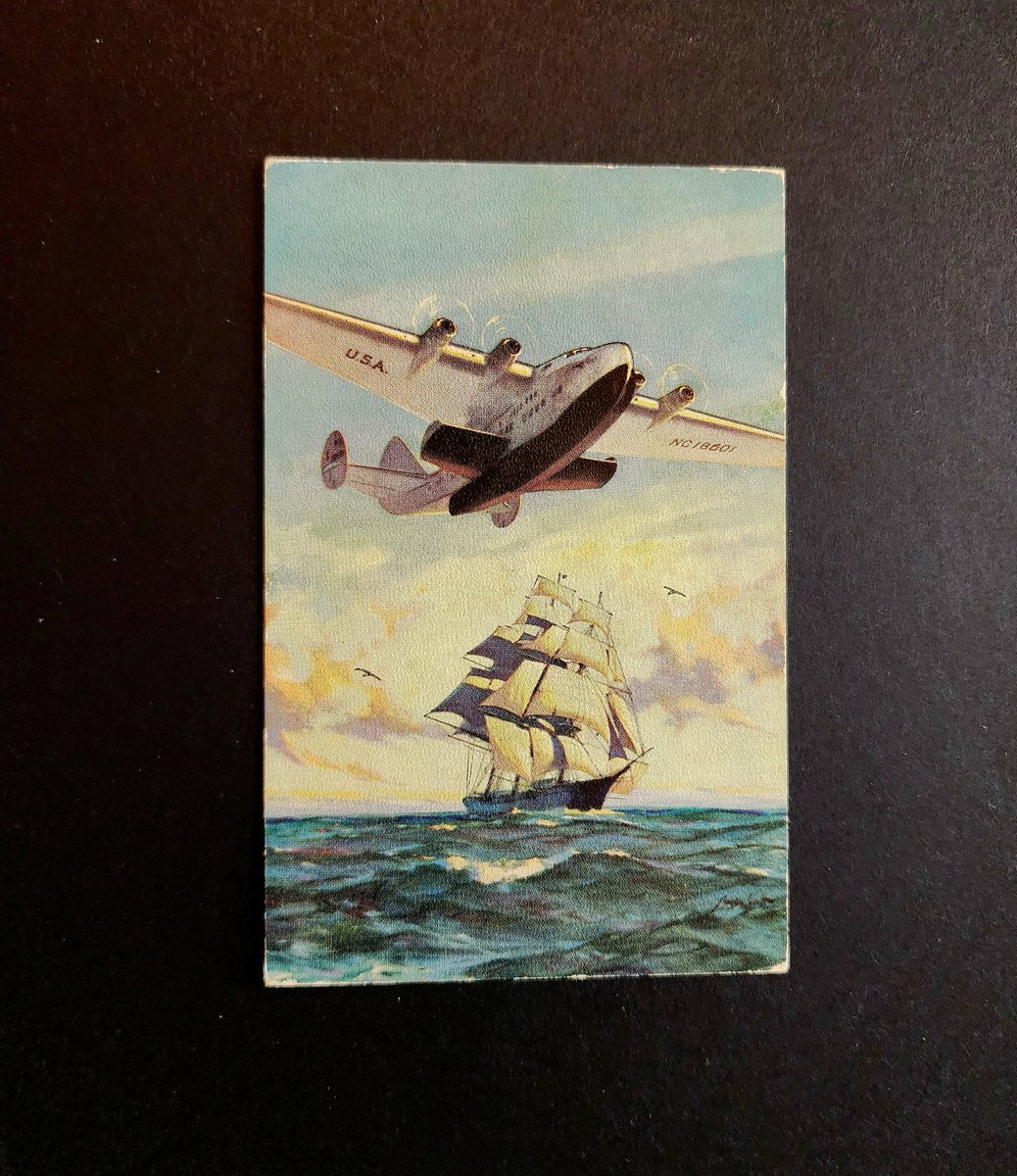 everythingpanam's tweet photo. 1939 Pan Am Issued Boeing B-314 Flying Boat Postcard

Artist Gordon Grant created this painting  to compare the Pan Am  Yankee Clipper flying boat with the original American built Yankee Clipper sailing ship. 

#1930sPanAm
#PanAmFlyingBoat
#PanAmPostcard
#EverythingPanAm https://t.co/qUyHLm9gVN