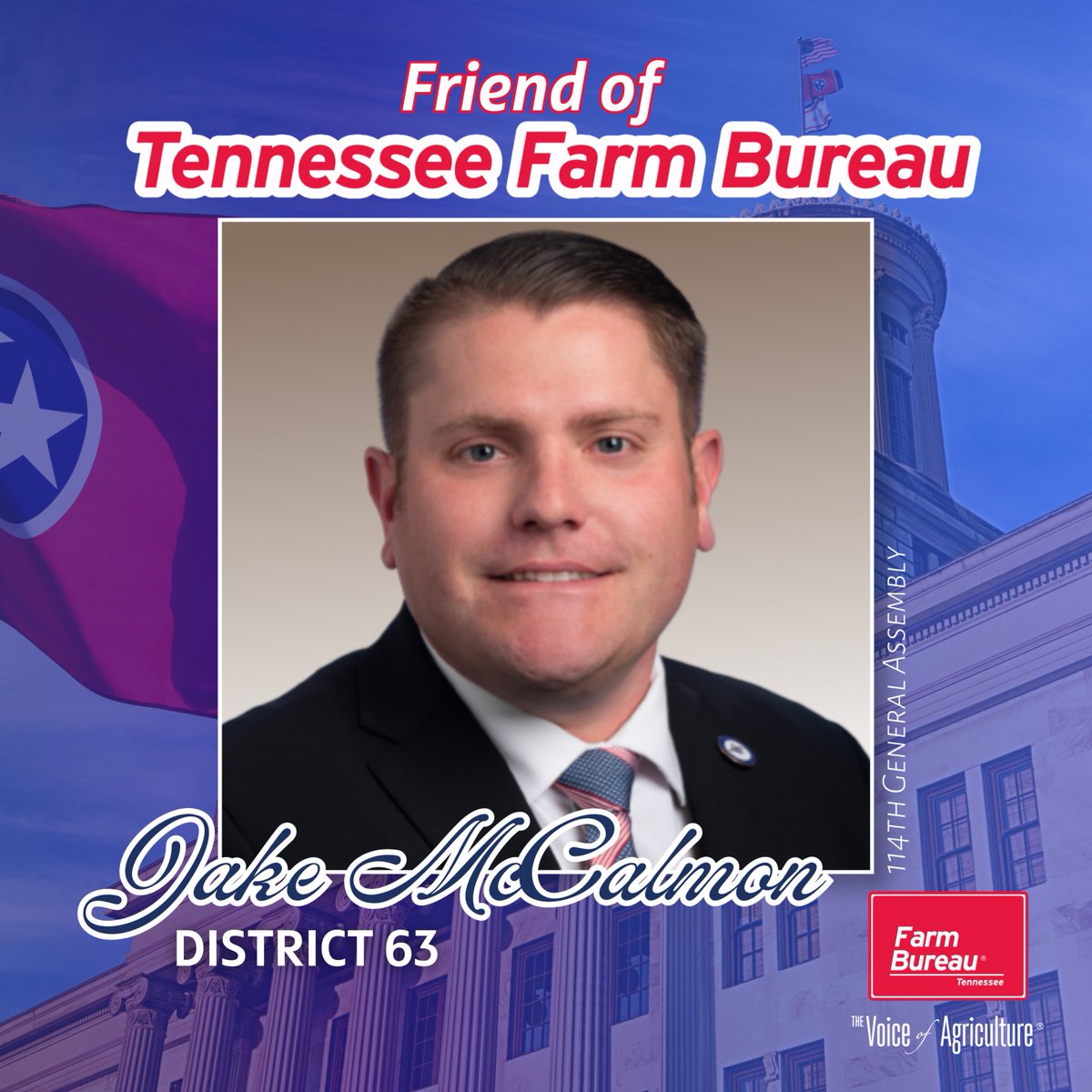 TNFarmBureau's tweet photo. Tennessee Farm Bureau is proud to recognize @JakeMcCalmonTN as an inaugural Friend of Farm Bureau Award recipient. Thank you for standing with Tennessee agriculture.
Read more ➡️ https://t.co/S48QzvodbZ
#TNFarmBureau | #FriendofTNFB https://t.co/uJwWYwBPyd