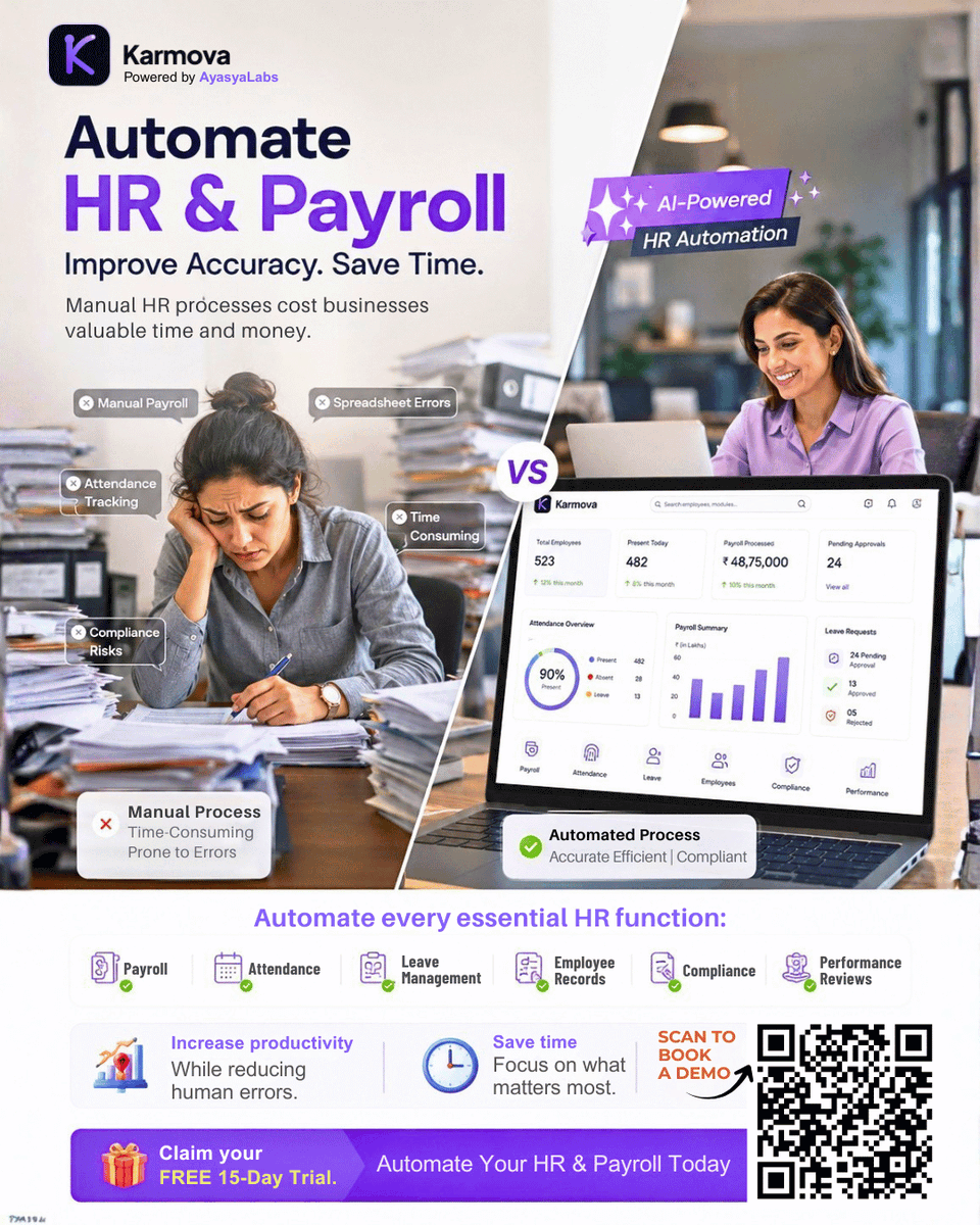 ayasyadigital's tweet photo. Still managing HR & payroll manually? Automate payroll, attendance, leave, compliance & more with #Karmova your all in one AI-powered HRMS. Save time, reduce errors & boost productivity.
Start your FREE 15-Day Trial today!
https://t.co/yIhnaAIaIj
#PayrollSoftware #HRAutomation https://t.co/lTkAY56yfz