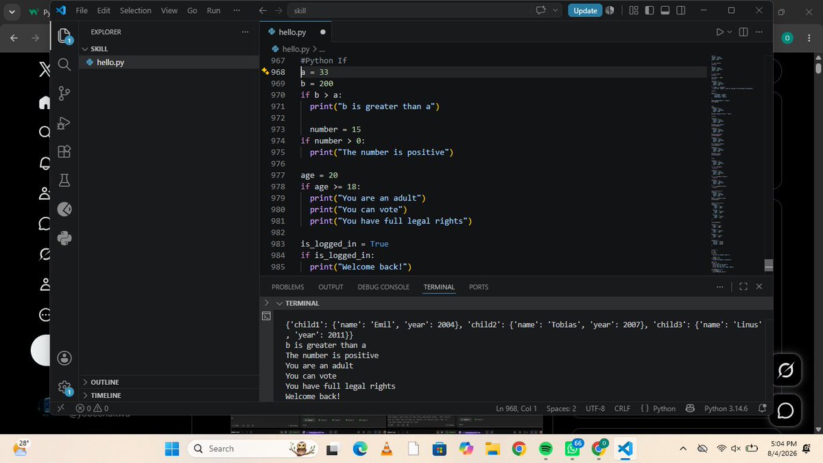 yobechukwu's tweet photo. Python's if statement runs a block of code only when a condition is true, and you already know this pattern from every filter and check you've written so far. https://t.co/BA6EM846Mo
