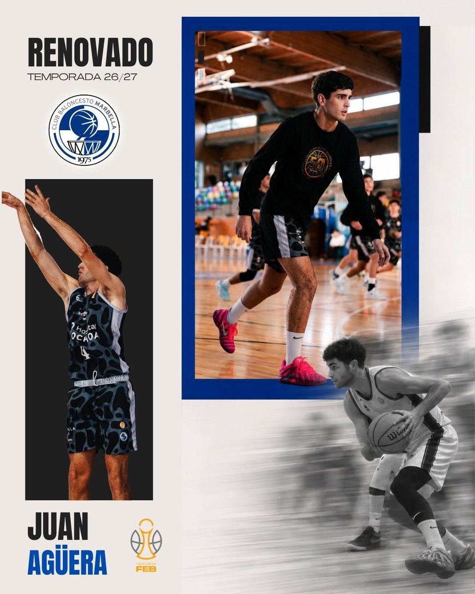 CBMarbella1's tweet photo. 🔵⚪️ 𝗢𝗙𝗜𝗖𝗜𝗔𝗟 | Juan Agüera seguirá defendiendo la camiseta del CB Marbella una temporada más.

Nuestro capitán, formado en la cantera desde minibasket y marbellí, continuará liderando al equipo con el dorsal 4.

¡Vamos, Juan! 💙🤍🏀

#CBMarbella #TerceraFEB https://t.co/3ImnWxQTTM