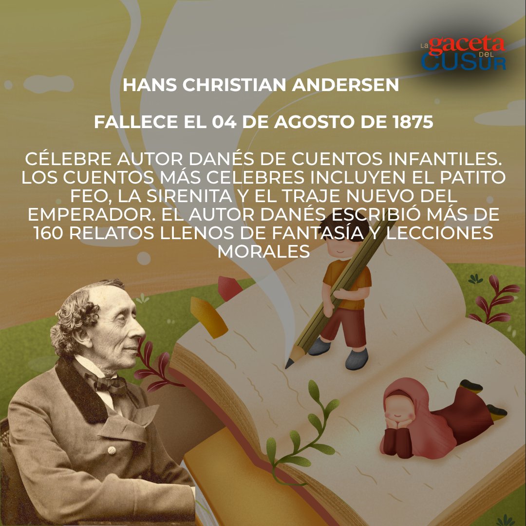 gacetadelcusur's tweet photo. #LaGacetadelCUSur🦁🖊

Hoy recordamos a Hans Andersen,  su legado ha trascendido generaciones y fronteras: sus cuentos han sido traducidos a más de 125 idiomas y continúan inspirando adaptaciones en el cine, el teatro, la música y la televisión. ✨ https://t.co/t90cYb4YcE