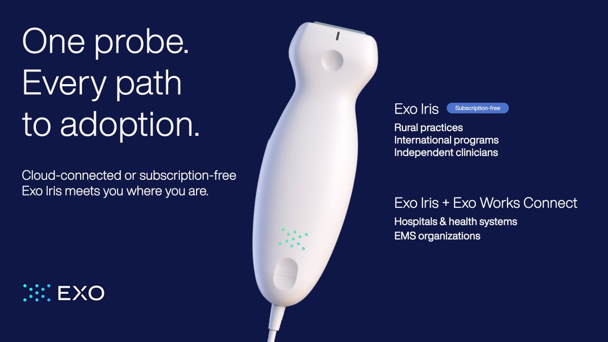 exoeffect's tweet photo. Exo removes the subscription barrier to AI-powered handheld ultrasound. Now every clinician can choose how they scan — cloud-connected, or subscription-free.
Read more:
https://t.co/sSiaLjUtCi
#POCUS https://t.co/ftAY8Cl12E