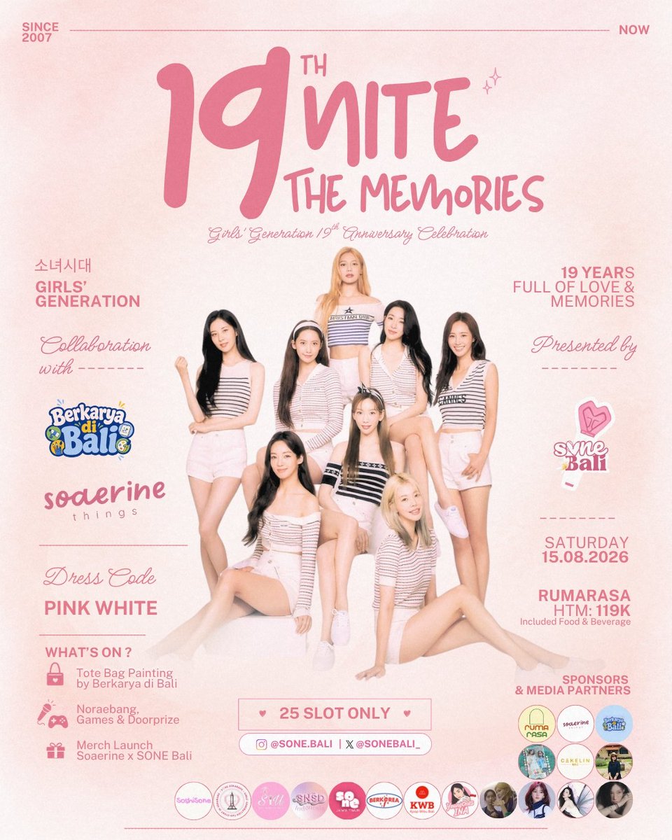sonebali_'s tweet photo. Kangen seru-seruan &amp; nostalgia bareng SONE Bali?💖

​Yuk rayain 19th SNSD bareng!🥰 
Bakal ada totebag painting, games, &amp; freebies! 🎨✨

​📍 Rumarasa Bali
🗓️ Sabtu, 15 Agustus 2026 (16:00 WITA)
🎟️ 119k (25 seat)

​Amankan slotmu sekarang!🏃💨
​#19niteTheMemories #SoneBali #SNSD https://t.co/oSqFTcCKQv