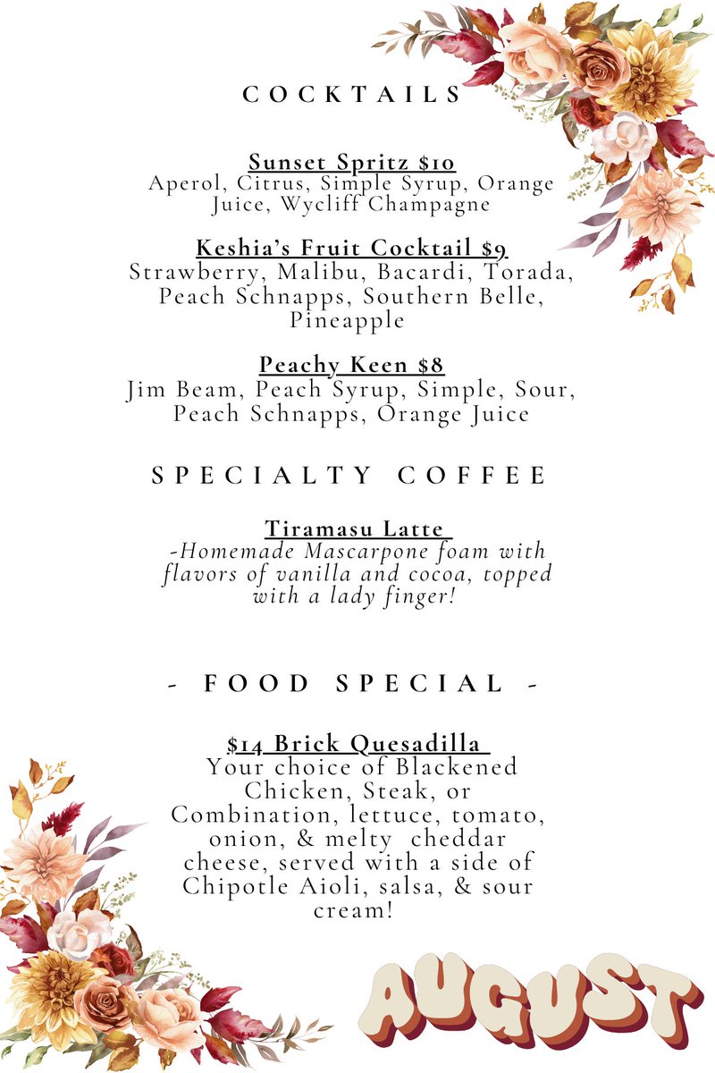 BrickAndSpoonMS's tweet photo. New month, new favorites. 🤩

August specials are here at Brick &amp; Spoon! Fruity cocktails, our indulgent Tiramisu Latte, cheesy Brick Quesadillas &amp; more.

Grab your brunch crew before they're gone! 🍳🥂

#brickandspoontupelo #AugustSpecials https://t.co/djqpcdBAfX
