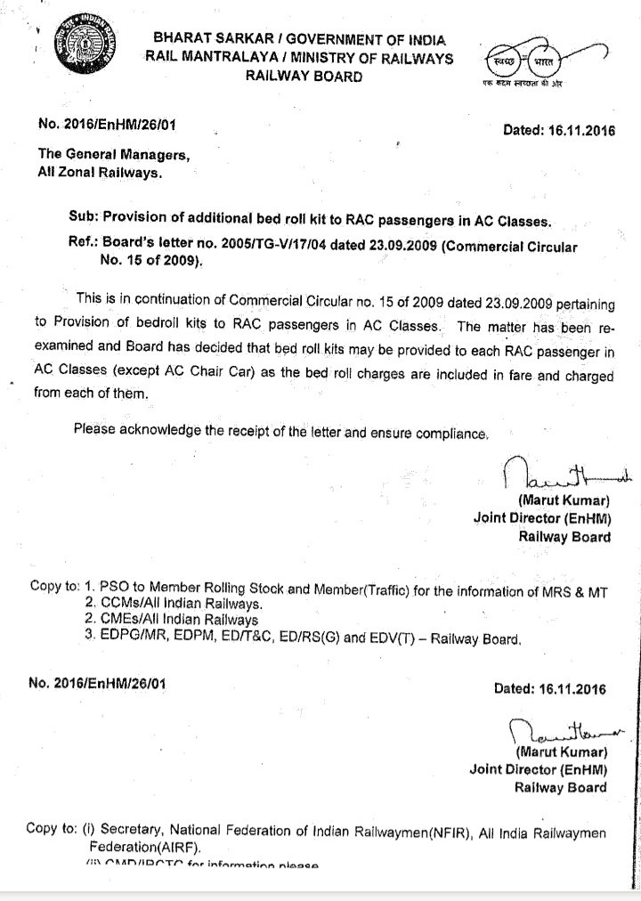 h_pongilath's tweet photo. 🔴 Attention RAC Passengers travelling in #IndianRailways AC Classes (except AC Chair car). You are (RAC Passengers in AC Coaches) entitled to provide Complete #bedrollkit (linen & blanket) as these charges are included in fare & charged from each Passengers.
#ACcoaches https://t.co/WylUC6zfga