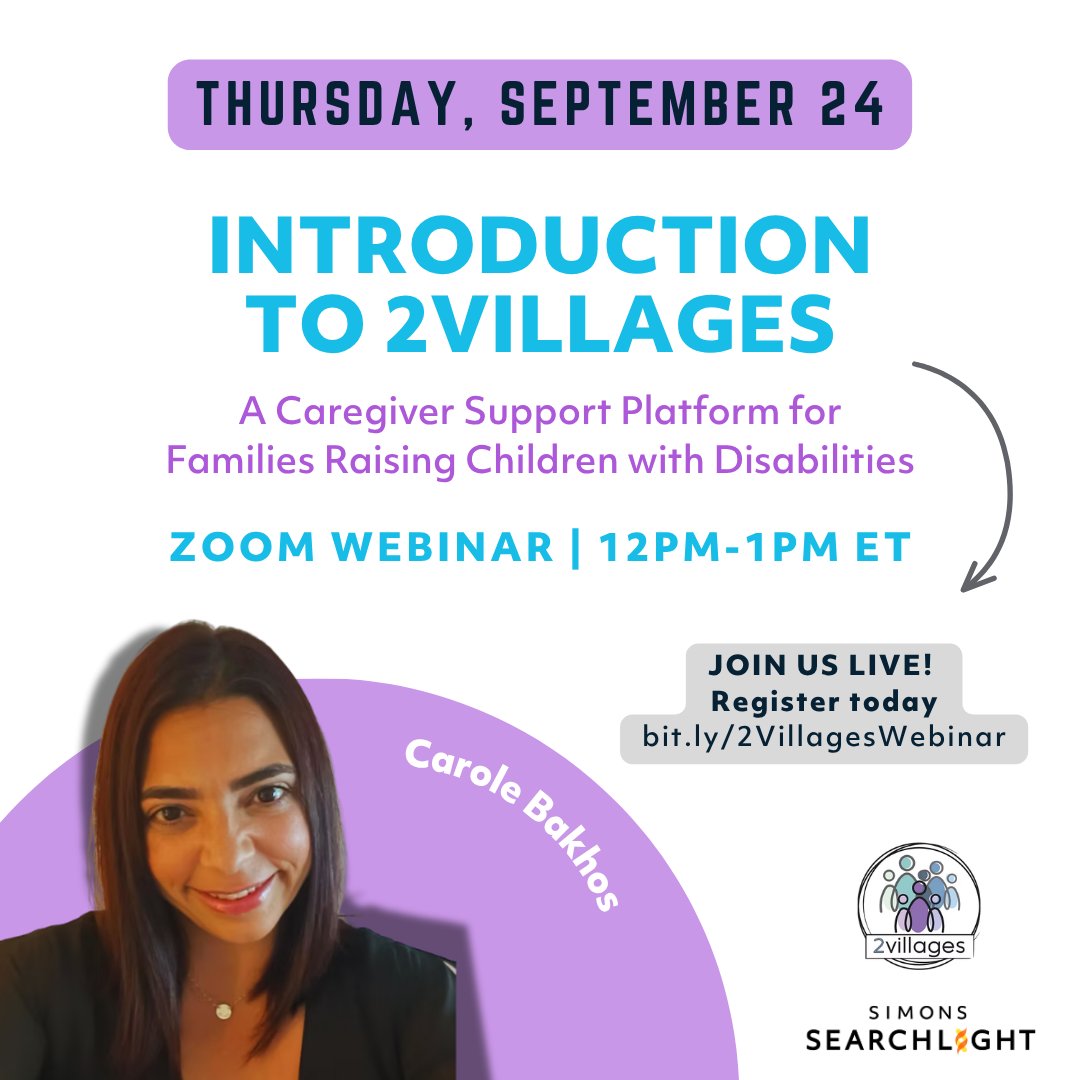 s_searchlight's tweet photo. 🌟 Join Simons Searchlight on Sept. 24 at 12 PM ET for a free caregiver webinar featuring guest speaker Carole Bakhos, founder of 2villages.

Learn about some free caregiver resources, practical tools, and community support through 2villages.

🔗 Register: https://t.co/xMjx8HYmcK https://t.co/nLZ1Nxxnpa