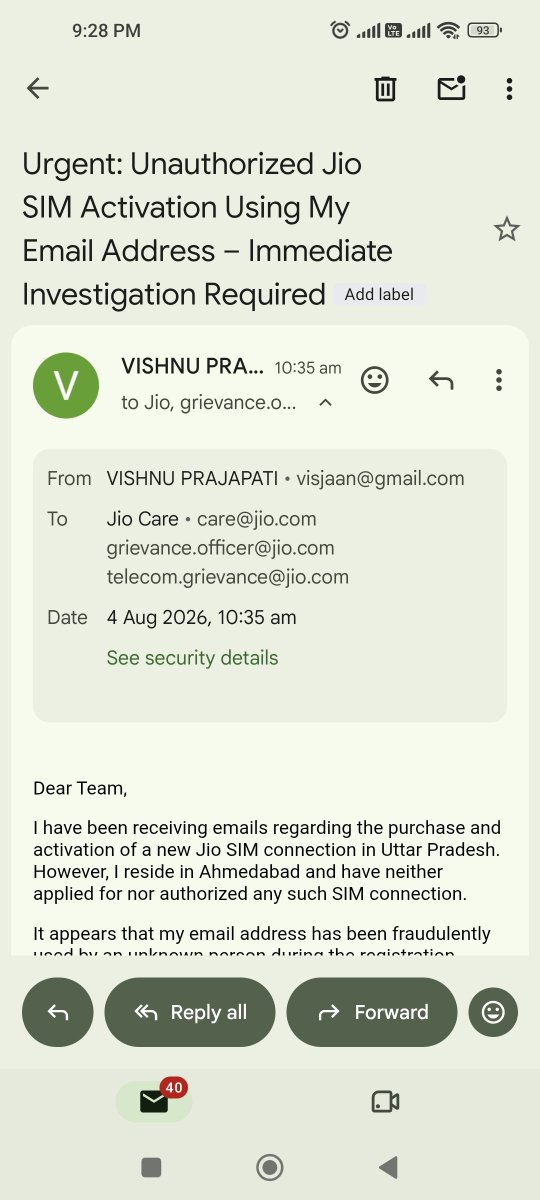 visjaan's tweet photo. Please refer my Emails dated 31.07.26 and 04.08.2026

 @DoT_India @TRAI @Cyberdost @GoI_MeitY #Jio #CyberFraud #IdentityTheft #TelecomSecurity #DigitalIndia
@reliancejio https://t.co/kQUqiTjCBU