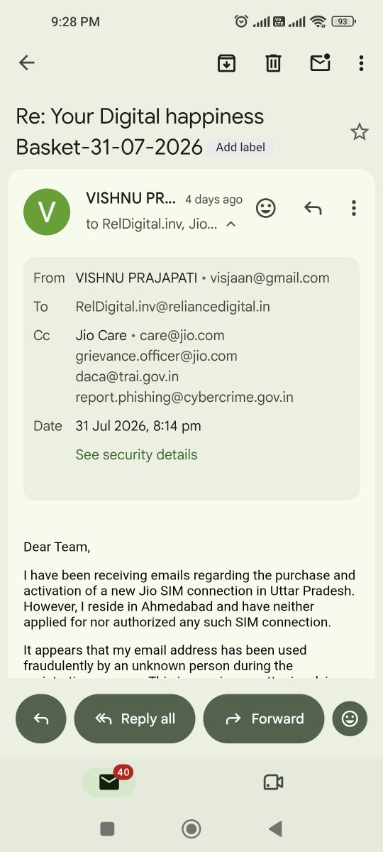 visjaan's tweet photo. Please refer my Emails dated 31.07.26 and 04.08.2026

 @DoT_India @TRAI @Cyberdost @GoI_MeitY #Jio #CyberFraud #IdentityTheft #TelecomSecurity #DigitalIndia
@reliancejio https://t.co/kQUqiTjCBU