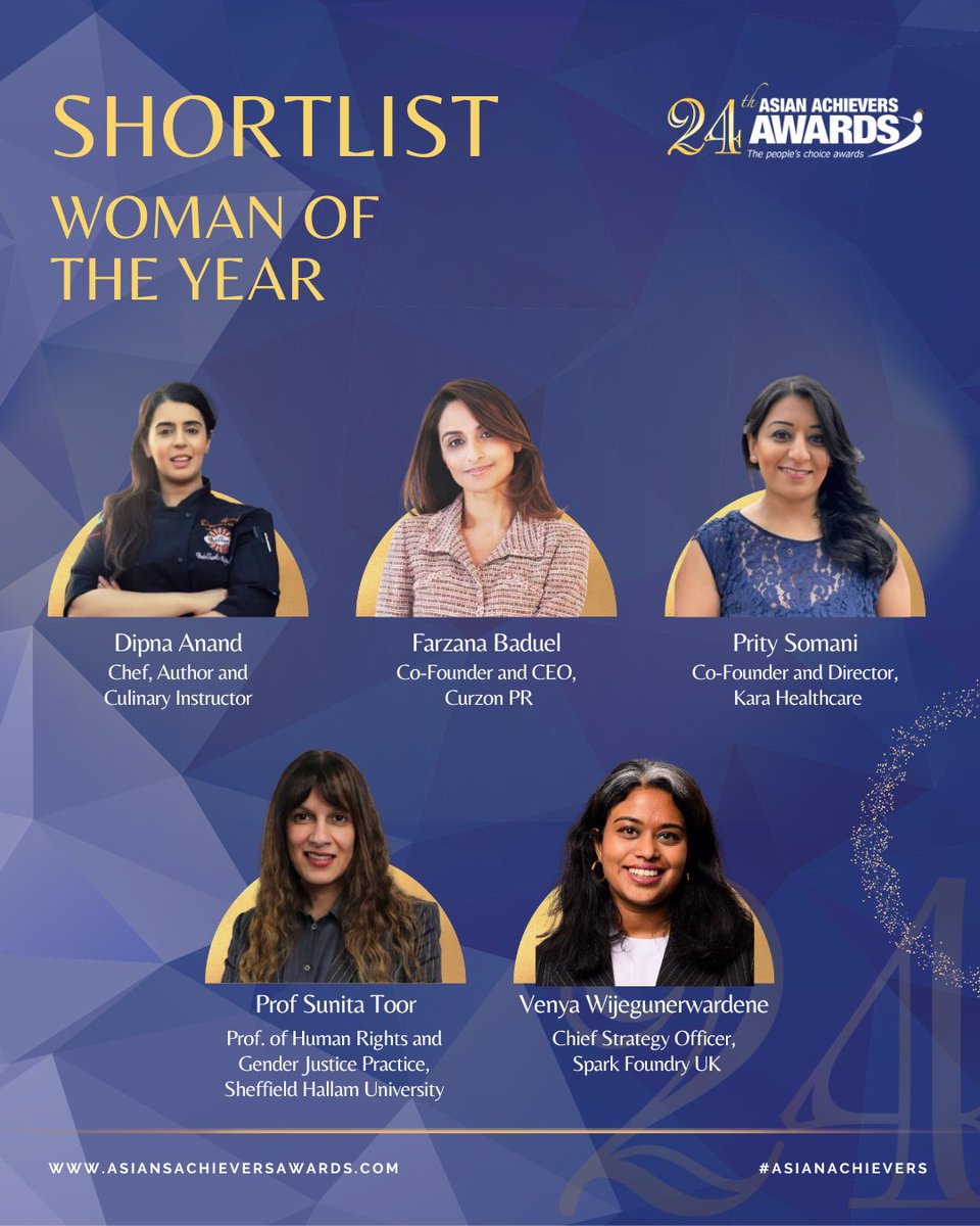 AsianAchievers's tweet photo. Some incredible changemakers are in our #WOTY Shortlist this year:

✅Chef &amp; author @dipnaanand 
✅PR expert @FarzanaBaduel @CurzonPR
✅Human rights champion @suni_toor @sheffhallamuni
✅Prity from Kara Healthcare
✅Venya @SparkFoundryUK

Find out more: https://t.co/NyHzPpiDQb https://t.co/4epY36E3vA
