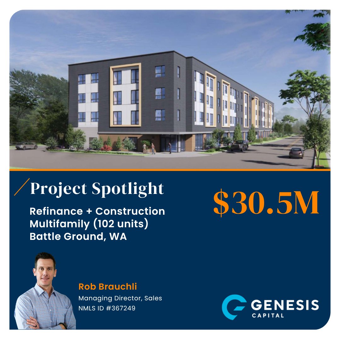 genesis_capital's tweet photo. 🏗️ Closed: $30.5MM Refinance + Construction Loan 
📍 Asset Type: Age-Restricted Multifamily Mixed-Use (102 Units) 
🔄 Strategy: Refinance + Ground-Up Construction 
🌄 Market: Battle Ground, WA 

Congrats to Rob Brauchli &amp; Kirsten Bolden https://t.co/pLWcDaMUHk