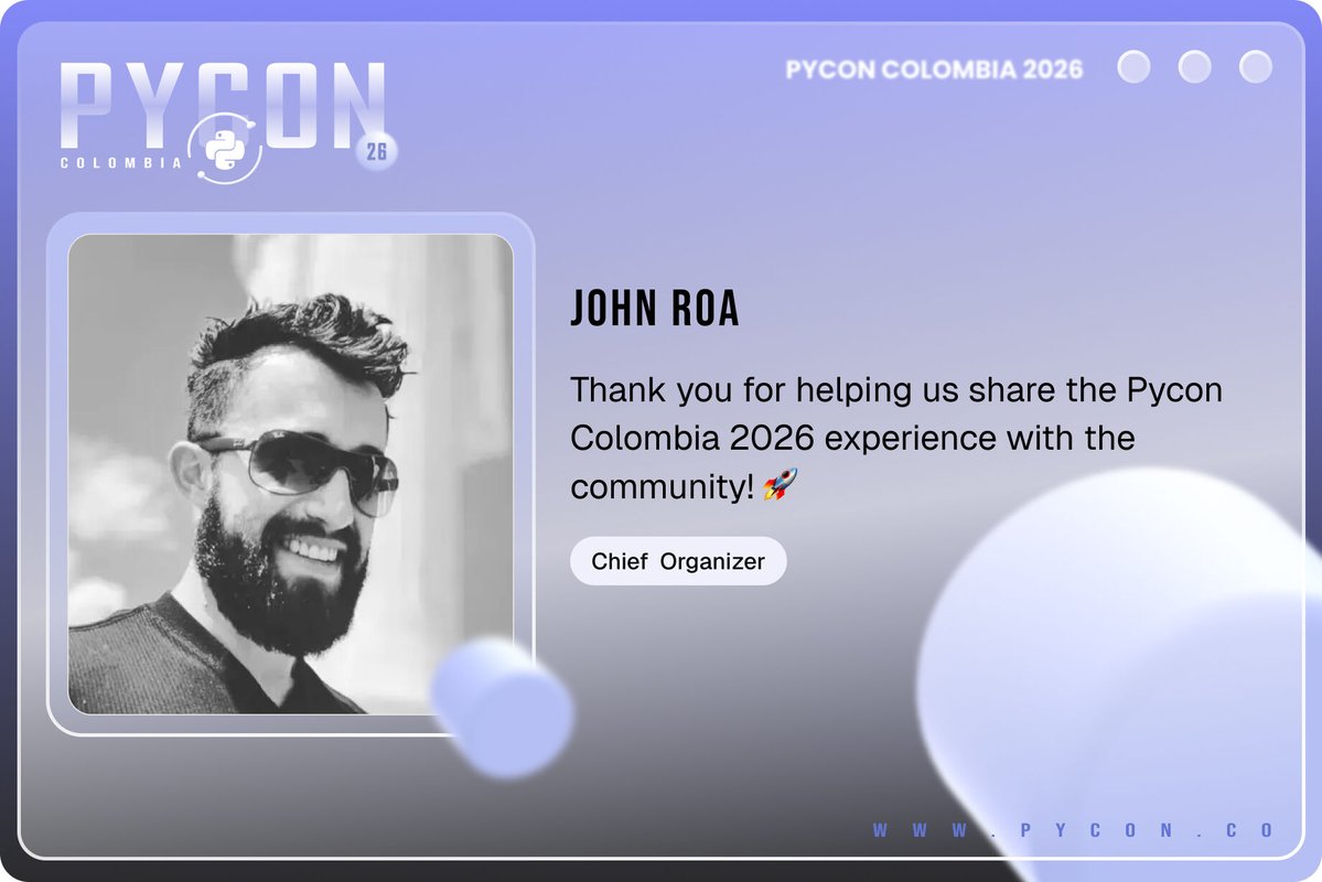 pyconcolombia's tweet photo. 🐍💚 Today we recognize Jhon roa, who was part of the PyCon Colombia 2026 team as Chief Organizer.

Thank you for your dedication, time, and talent in helping build a PyCon  that strengthens the Python community in Colombia. 🚀
#PyConColombia #Python #PythonCommunity #Community https://t.co/1Ub7u0Dp9Q