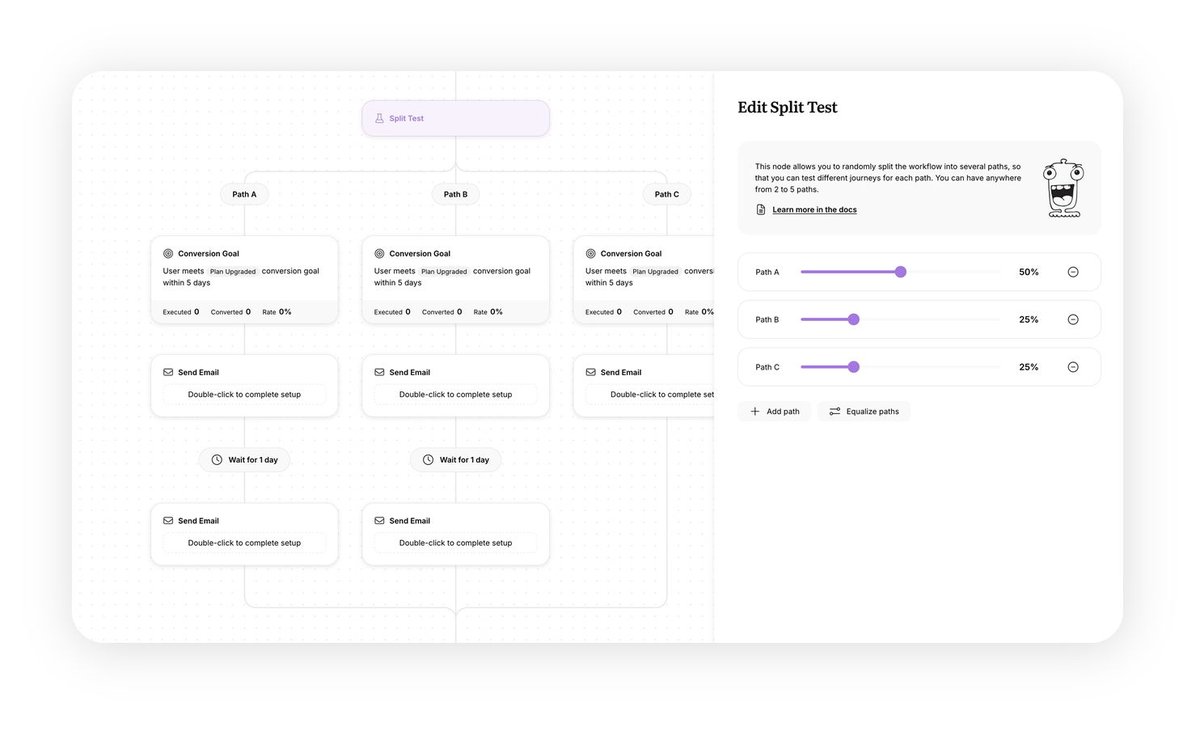 uibreakfast's tweet photo. Did you know that the Split Test node isn't just for A/B tests? It's a random group generator, splitting users into up to 5 paths at whatever percentages you choose. https://t.co/jUEBgxjish