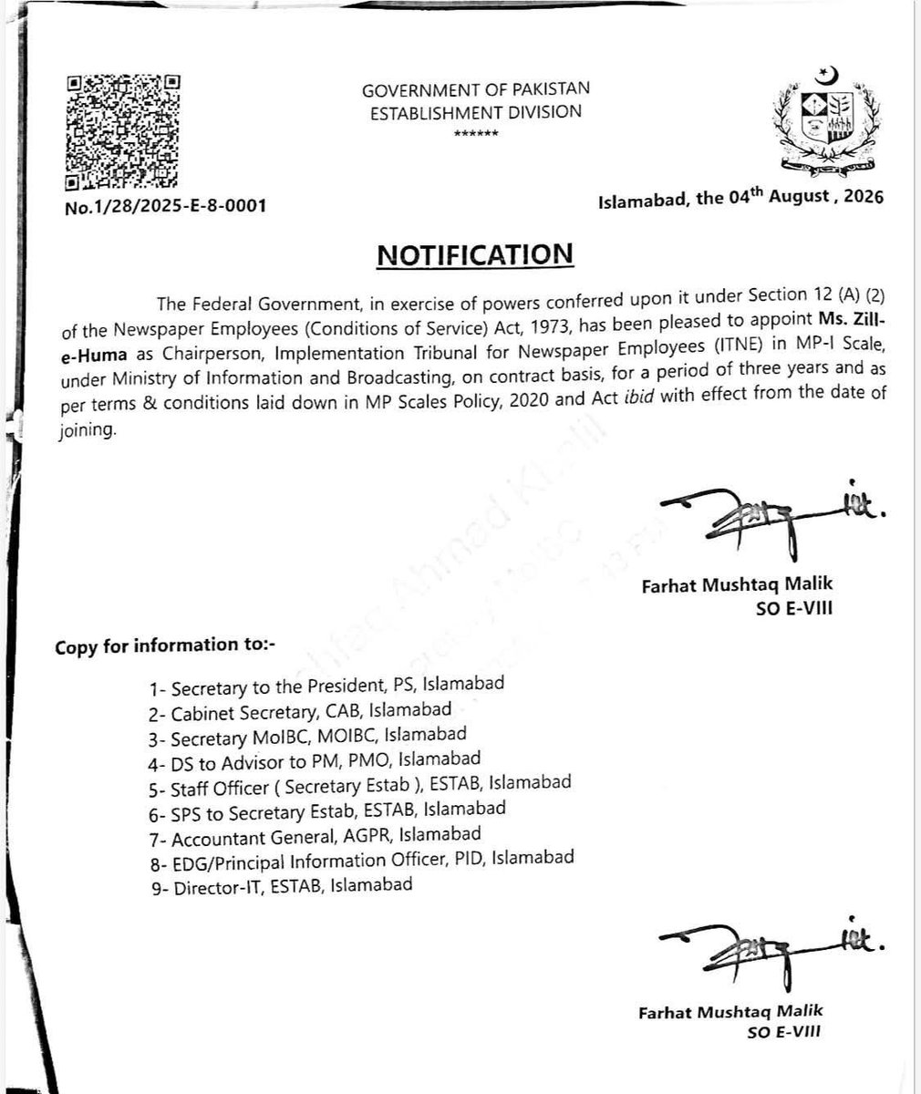 RIBJA12's tweet photo. Head of #ITNE the institution established for #mediaworkers and #journalists has been appointed.

Zill-e-Huma has been appointed as Chairperson of ITNE for a three-year term.
The Establishment Division has issued the official notification confirming the appointment.

#Ribja https://t.co/jBCQjdiNHV