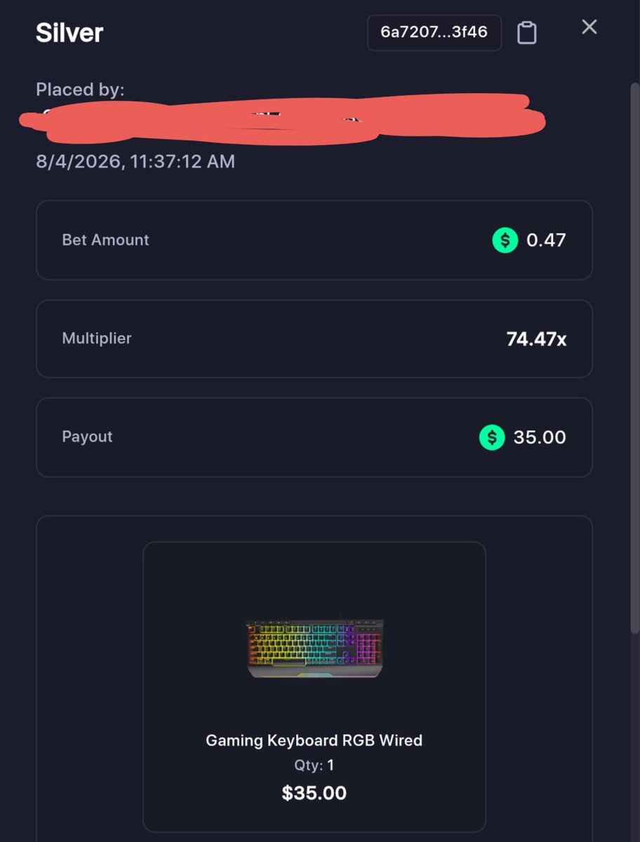 Screenshot of AlphaWolf's 74x loyalty box win on Moonroll