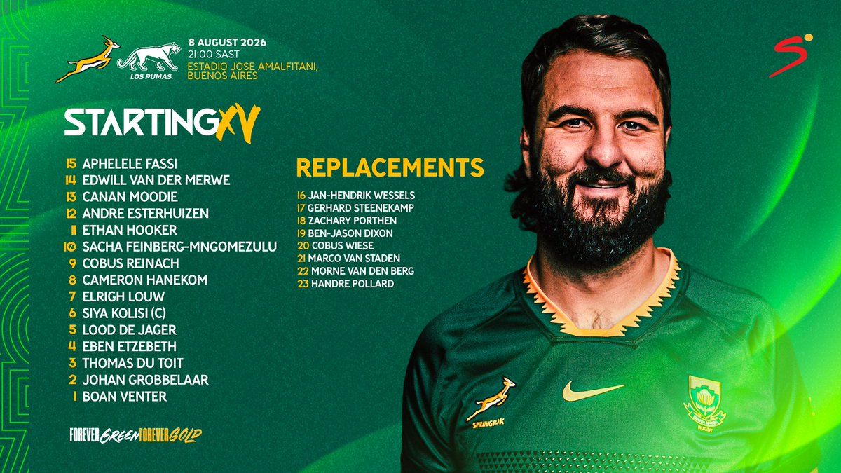 Springboks's tweet photo. The #Springboks team to face Argentina in Buenos Aires on Saturday has a solid look to it - more here: https://t.co/kPbxl7Gi4W 👊
#ForeverGreenForeverGold https://t.co/oa6A3jlixb