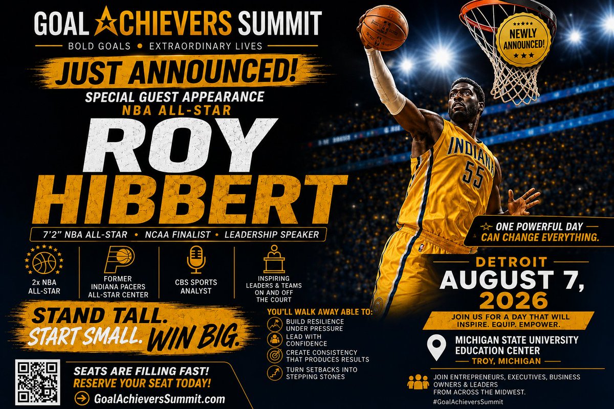 philrtaylor's tweet photo. 🚨 BIG NEWS! 🚨

2× NBA All-Star @Roy_Meets_World is joining us as a featured speaker at the Goal Achievers Summit – Detroit! 🏀

Get ready for an unforgettable keynote:
Stand Tall, Start Small
One stage. World-class speakers. One incredible day.

#GoalAchieversSummit #RoyHibbert https://t.co/sAL2BQ6qQE