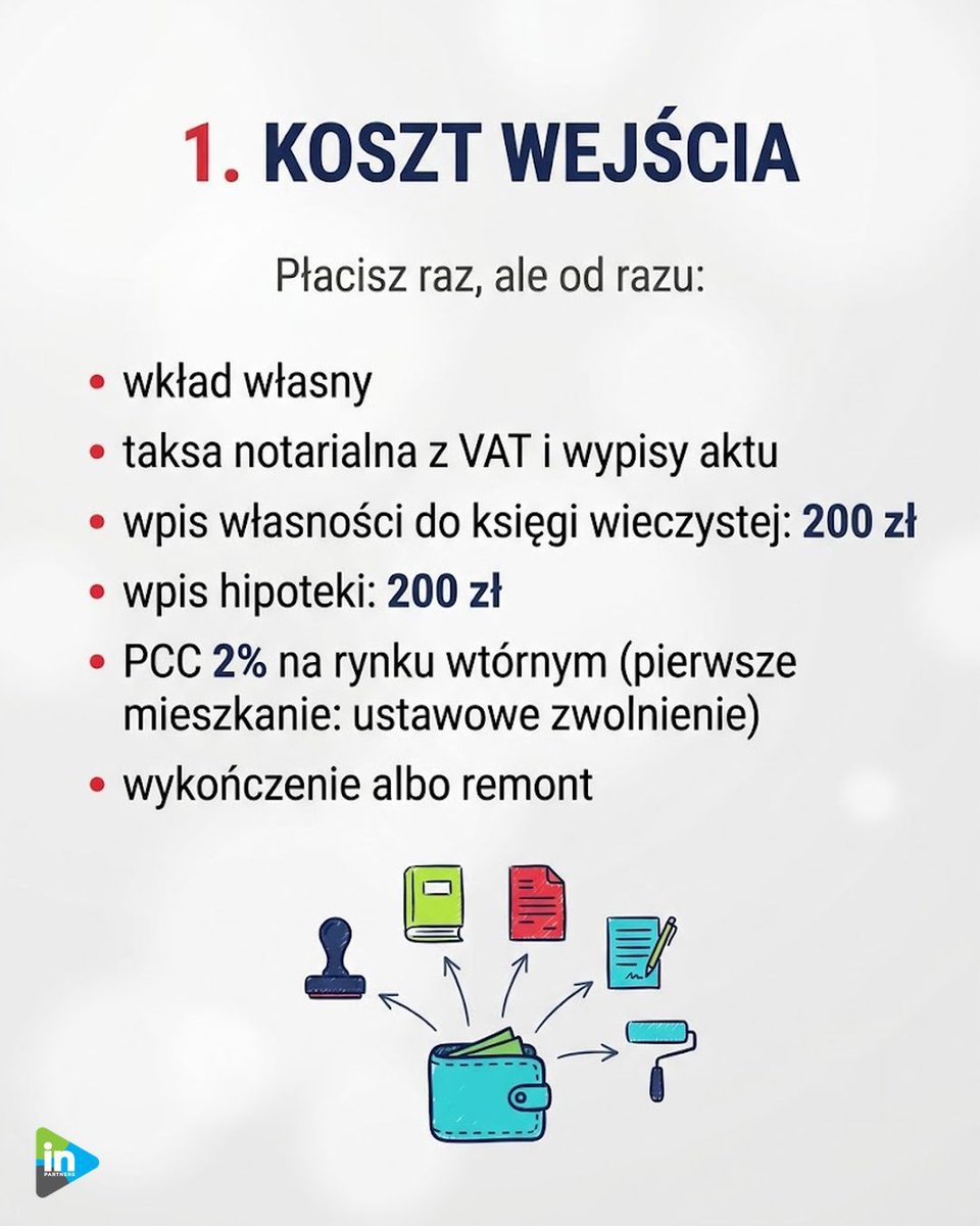 macioszek_aw's tweet photo. Wynajem czy kredyt: rata to nie cały koszt posiadania.

Koszt wejścia: notariusz, wpisy do księgi wieczystej, PCC 2% na rynku wtórnym (pierwsze mieszkanie zwolnione).
Koszt trwania: fundusz remontowy, podatek od nieruchomości, naprawy.
I horyzont: na ile lat zostajesz. https://t.co/IE4GMw2Xl3