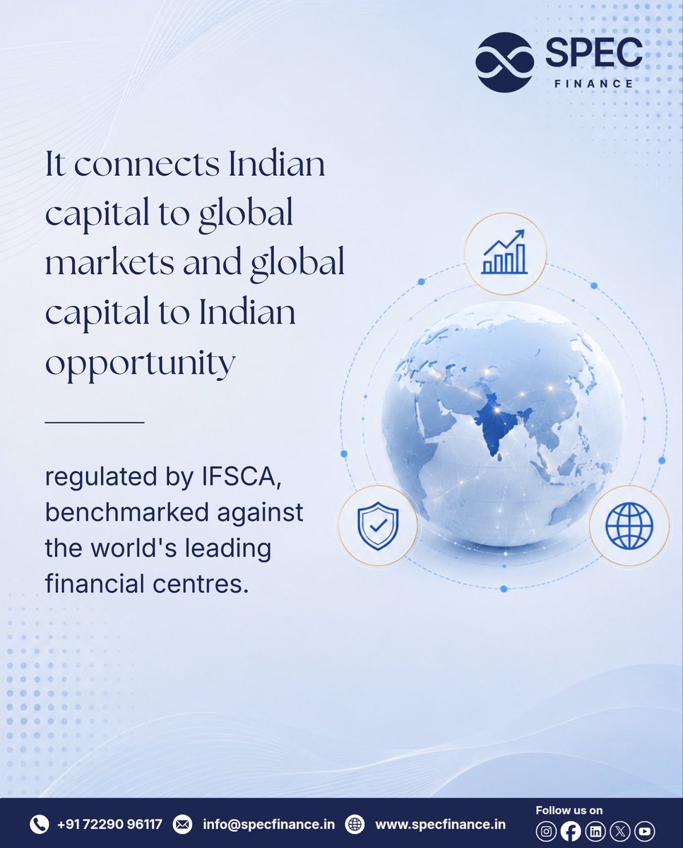 specfinancegfty's tweet photo. Why is GIFT City India's Global Financial Gateway?

It's India's first IFSC connecting Indian capital to global markets, and global capital to Indian opportunity, regulated by IFSCA to global standards.

This is where SPEC Finance operates. https://t.co/jxEAzbEaWs
