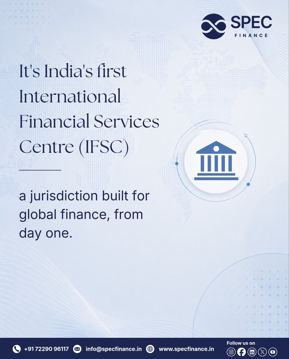 specfinancegfty's tweet photo. Why is GIFT City India's Global Financial Gateway?

It's India's first IFSC connecting Indian capital to global markets, and global capital to Indian opportunity, regulated by IFSCA to global standards.

This is where SPEC Finance operates. https://t.co/jxEAzbEaWs