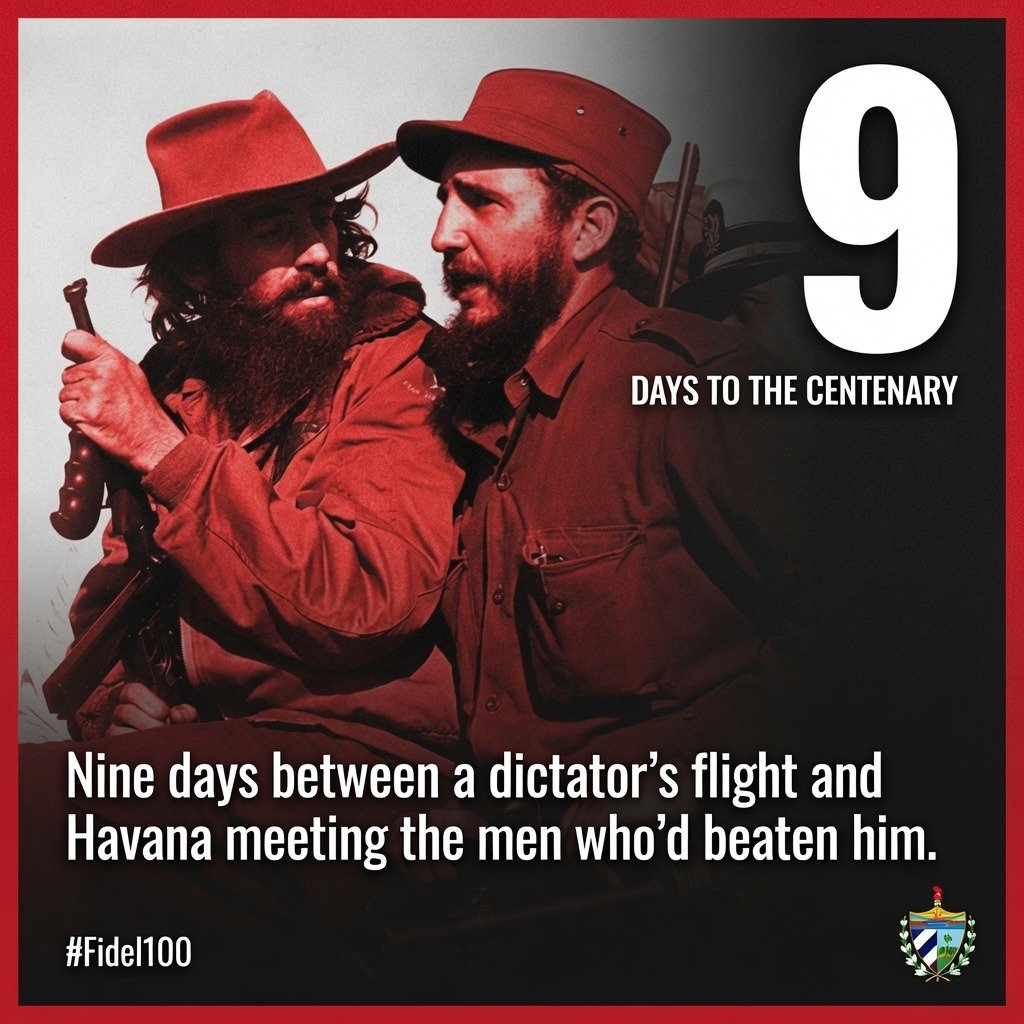EmbaCuba_UK's tweet photo. 🇨🇺 31 Dec 1958: Batista flees. Che &amp; Camilo secure Havana, while Fidel leads a 9-day victory procession from Santiago. On Jan 8, he arrives in Havana to huge, cheering crowds. The revolution had won. ✊🇨🇺❤️ 
#Cuba #100AñosConFidel https://t.co/IWHJQsDjzW