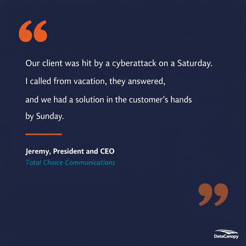 datacanopy's tweet photo. An MSP's client was hit by a cyberattack on a Saturday. The president called us from vacation.

We answered. Contract and solution in the client's hands by Sunday. Competitors replied Monday.

Responsiveness you can't train: https://t.co/tecpiR6Q1s https://t.co/5JT2xwO0vj