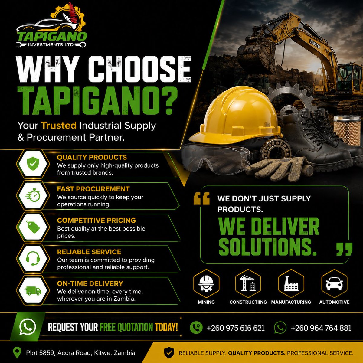 Tapigano's tweet photo. Why choose Tapigano?

We don’t just supply products — we deliver solutions.

✅ Quality products
✅ Fast procurement
✅ Competitive pricing
✅ Reliable service
✅ On-time delivery

📍 Kitwe
📞 +260 975 616 621

Request your free quotation today.

#IndustrialSupplies #Zambia https://t.co/xAcp22zzkz