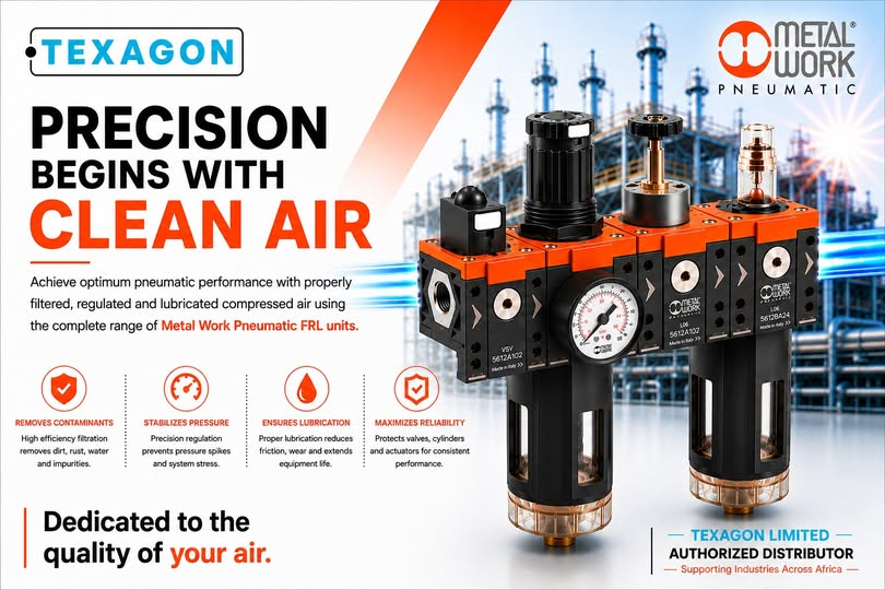 TexagonLimited's tweet photo. PRECISION BEGINS WITH CLEAN AIR
Improve pneumatic performance with Metal Work Pneumatic FRL units for clean, regulated compressed air.
For enquiries:
๐ง enquiries@texagon.com.ng
๐ +234 706 588 7974
#MetalWorkPneumatic #CompressedAir #IndustrialAutomation #TEXAGONLimited https://t.co/tRiRJFnigl