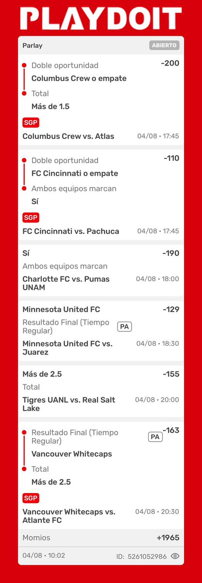 LuchoPicks's tweet photo. Parlay de Leagues Cup +1965 💵 

Este torneo tendrá 62 partidos, y tendremos 5 o más juegos diarios en la primera fase. Así que haré un parlay diario. https://t.co/BViyArAotY
