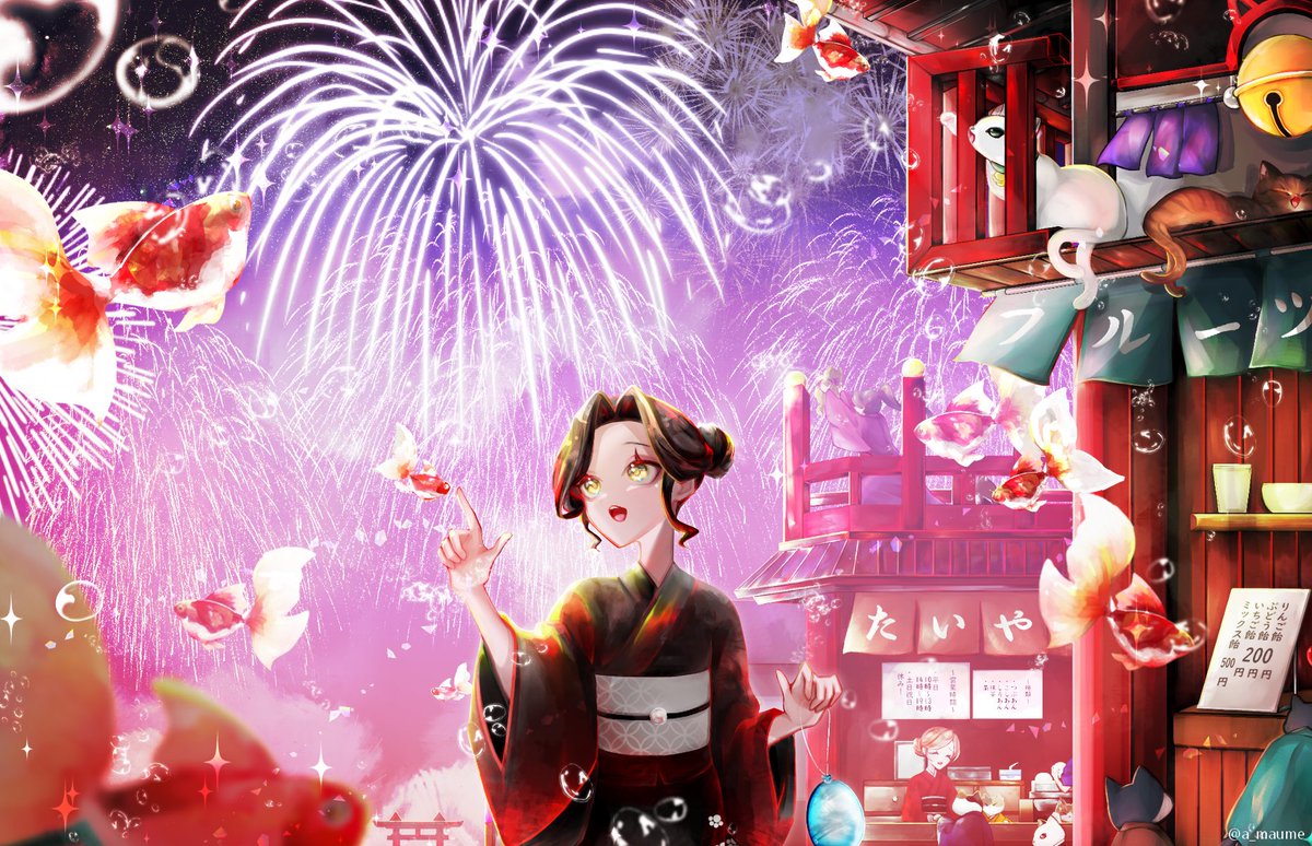 a_maume's tweet photo. 猫町夏祭り #浴衣の日  #創作 https://t.co/BL6vi8CN0F