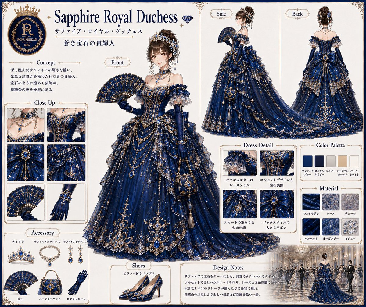 <再>mii オリエンタル衣装 ロイヤルブルーとブラック 👗AI衣装デザイン図鑑👗 ✨🦢 megumix Classic Rokumeikan Collection